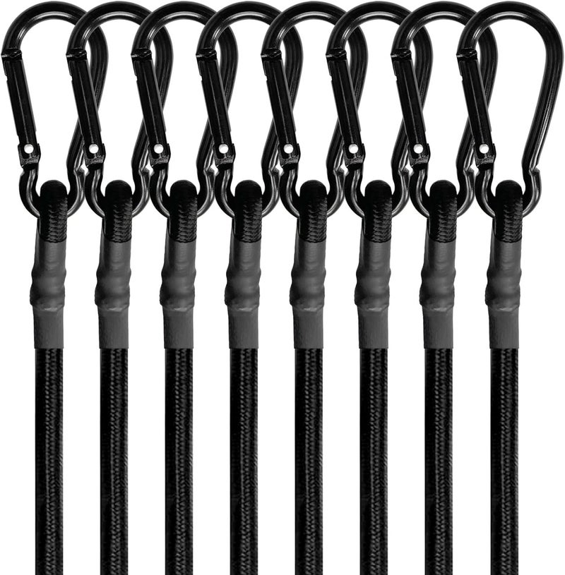 BEXSLE 8 Pcs 24in Bungee Cords with Carabiner Hooks Heavy Duty, Outdoor Black Bungee Straps, Strong Industrial Grade Elastic Bungee Rope for Securing Tarps, Luggage, Tents，Bikes or Garden Tidying - Image 1